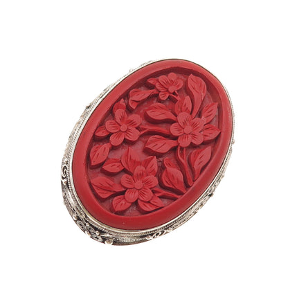 925 Sterling Antique China Export Cinnabar Floral Pin Brooch (missing lock hook)