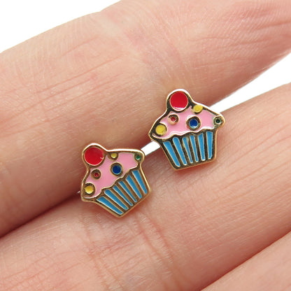 925 Sterling Silver Gold Plated Enamel Cupcake Stud Earrings