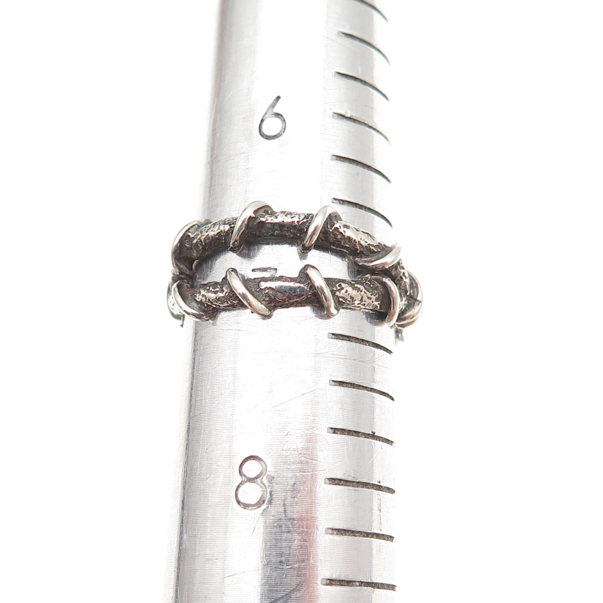 925 Sterling Silver Vintage Modernist Crisscross Oxidized Ring Size 7