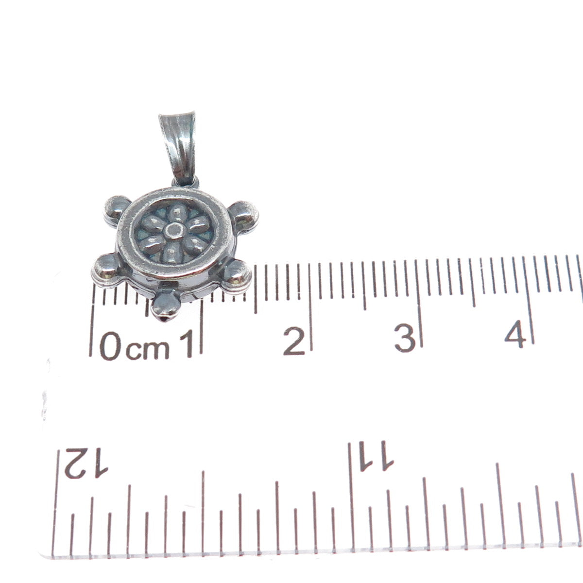 925 Sterling Silver Vintage Italy Helm Ship Wheel Oxidized Mini Charm Pendant