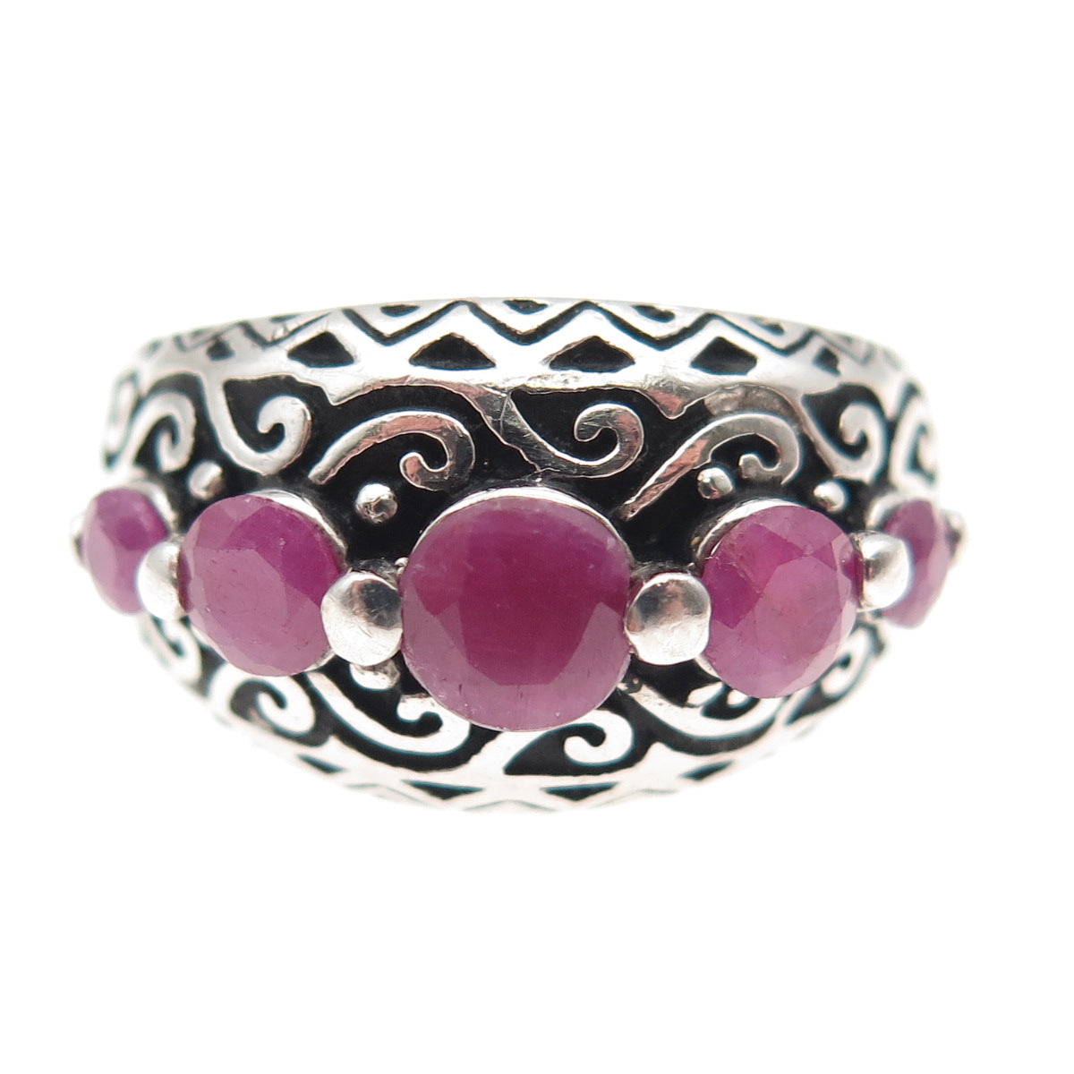 925 Sterling Silver Vintage Real Round-Cut Ruby Swirl Oxidized Ring Size 7