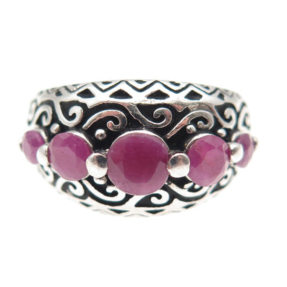 925 Sterling Silver Vintage Real Round-Cut Ruby Swirl Oxidized Ring Size 7