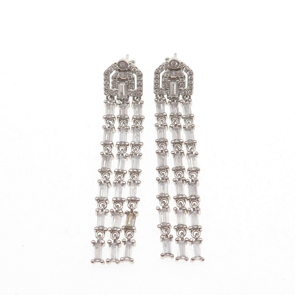 925 Sterling Silver Emerald & Round-Cut C Z Tassel Dangle Earrings