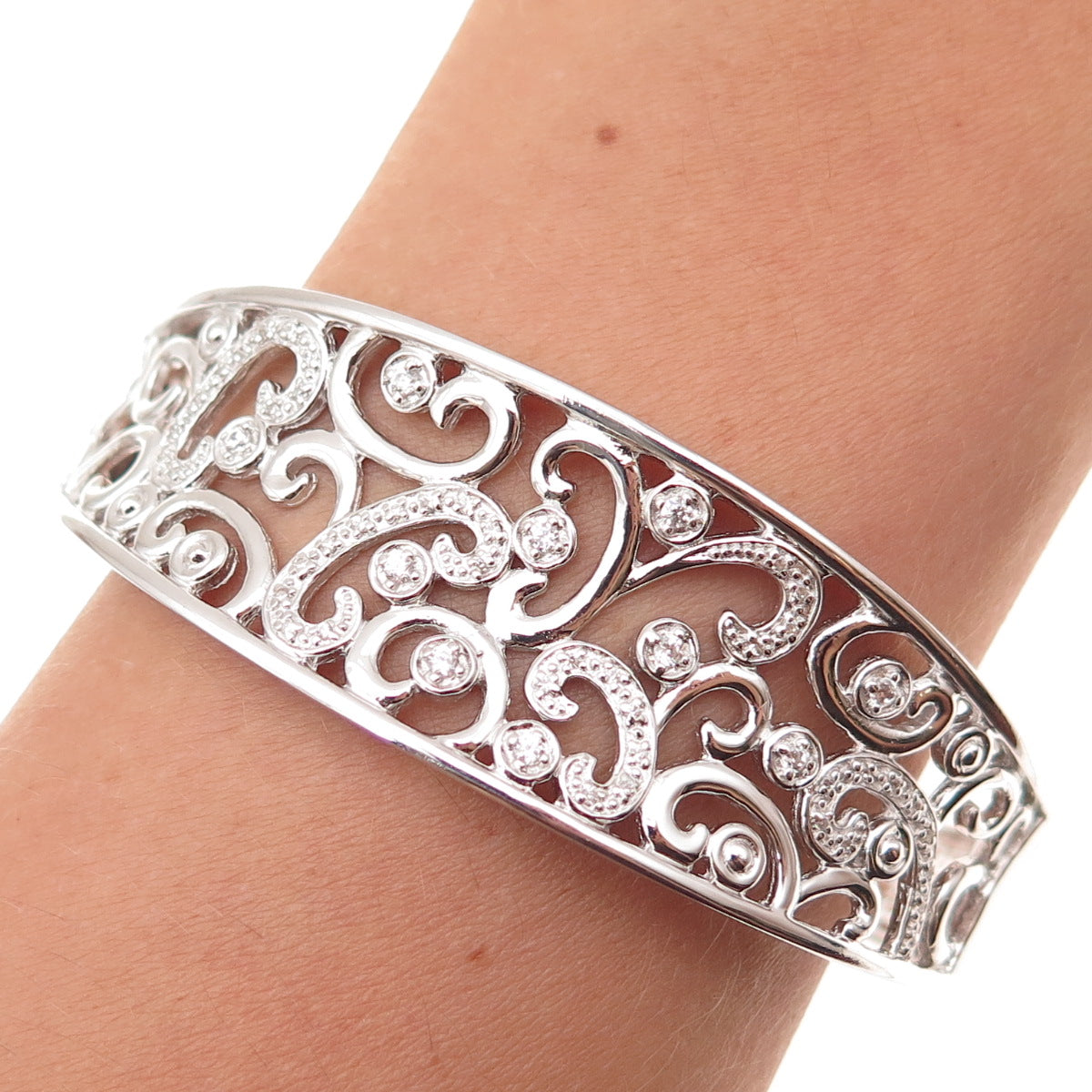 925 Sterling Silver Round-Cut C Z Floral Scroll Bracelet 6.75"