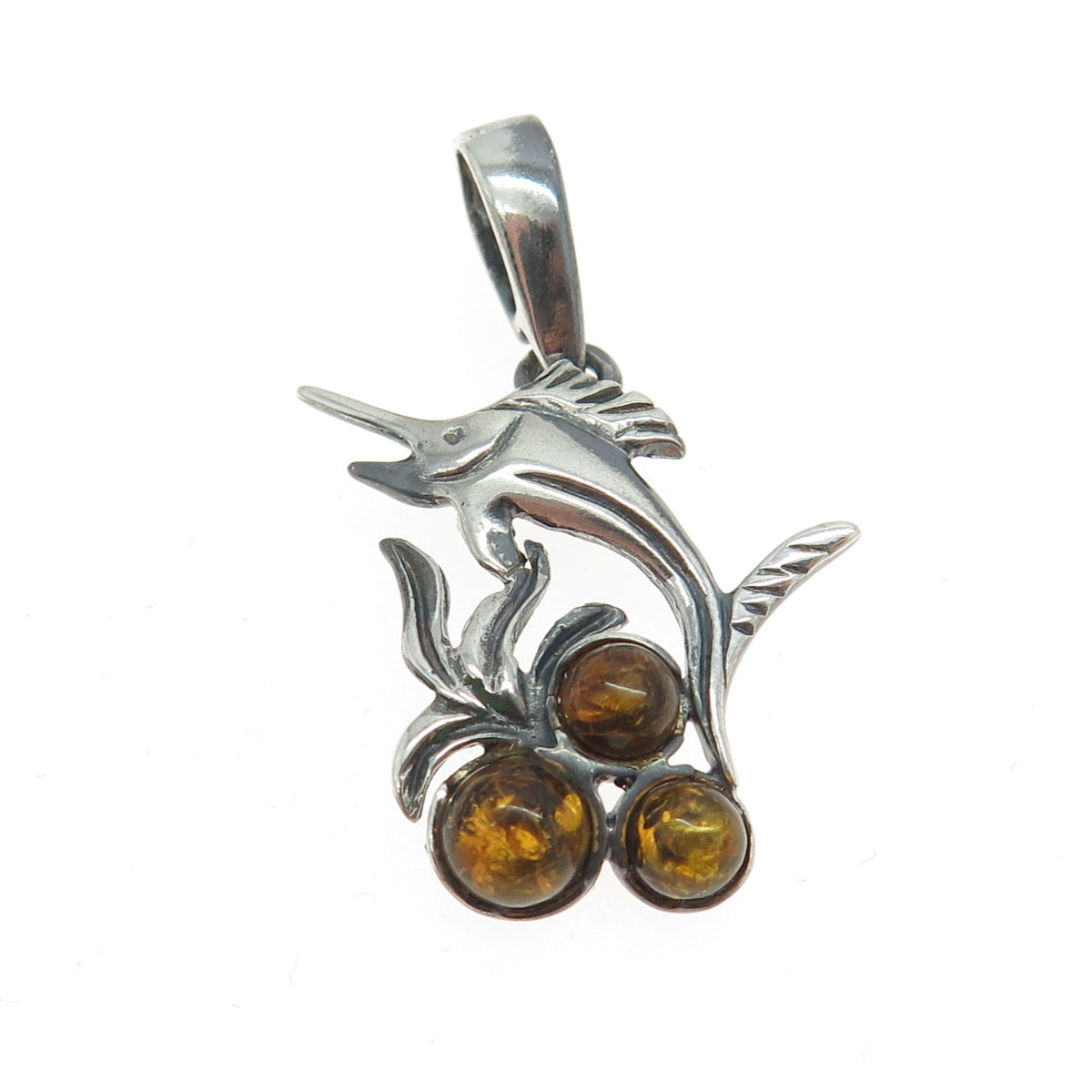 925 Sterling Silver Vintage Real Amber Swordfish Oxidized Pendant