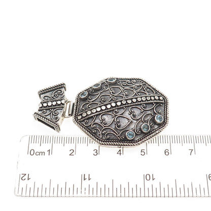 925 Sterling Silver Vintage Real Blue Topaz Heart Ornate Oxidized Slide Pendant