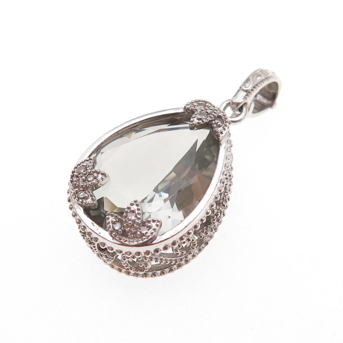 925 Sterling Silver Mexico Real Diamond & Green Amethyst Teardrop Charm Pendant