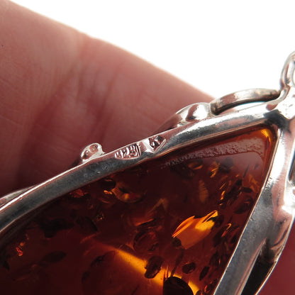 925 Sterling Silver Vintage K Poland Real Amber Modernist Oxidized Pendant
