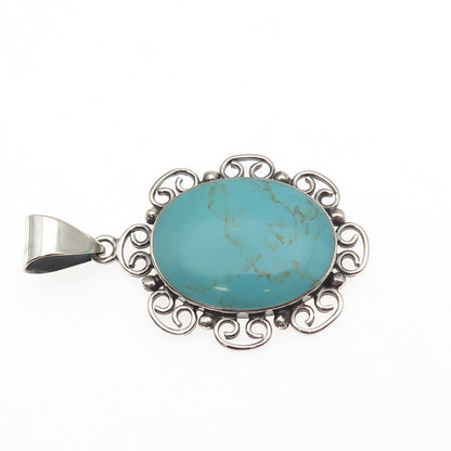 925 Sterling Silver Vintage Mexico Real Tyrone Turquoise Ornate Pendant