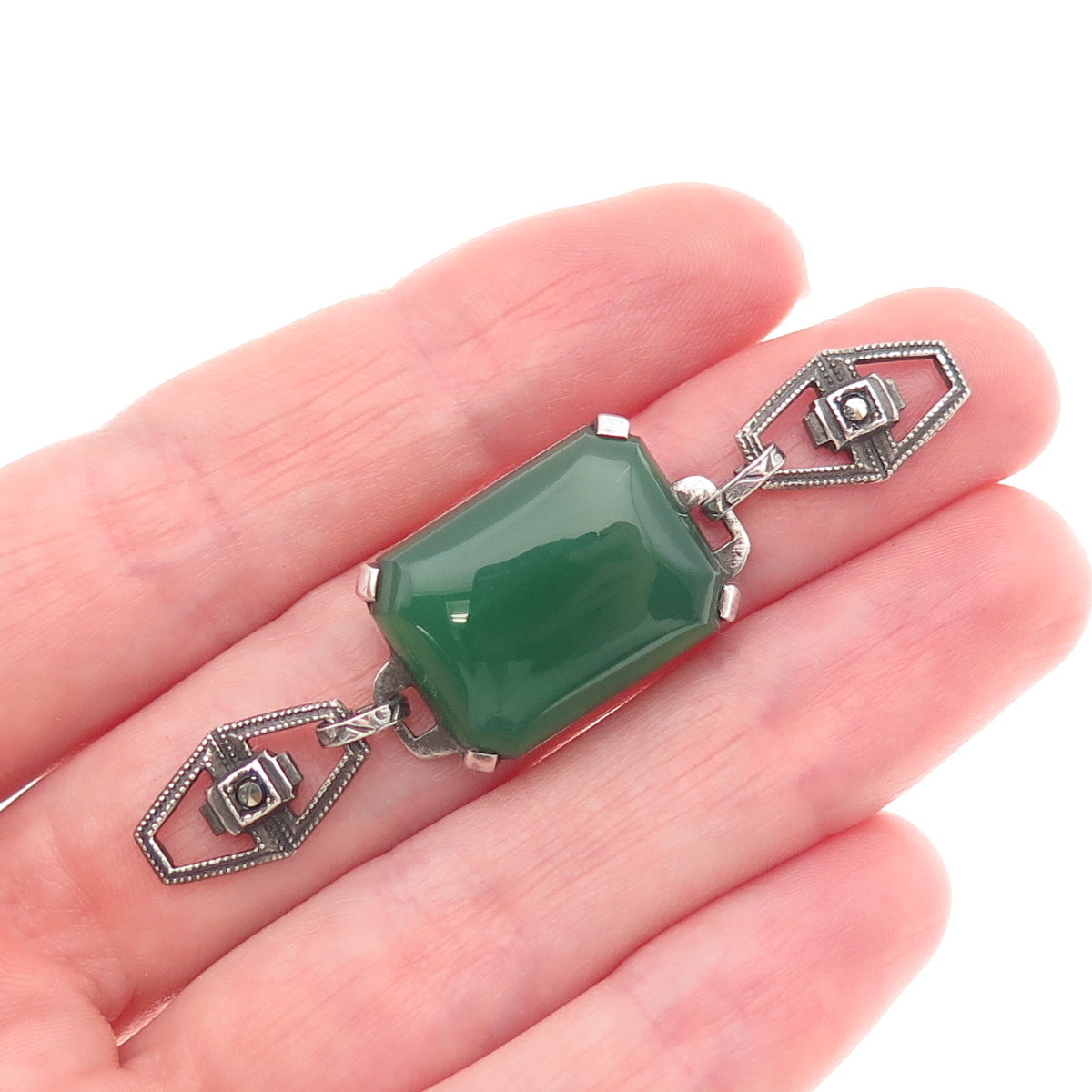 925 Sterling Antique Art Deco Real Green Onyx & Marcasite Bracelet Centerpiece