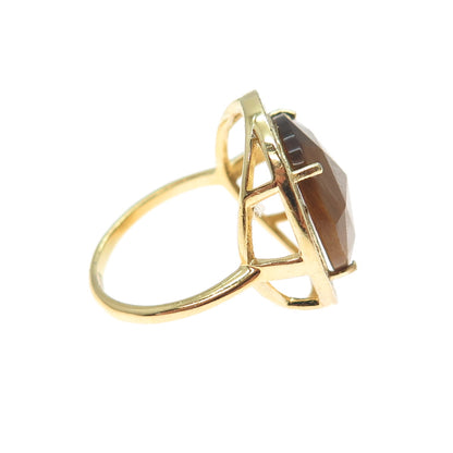 925 Sterling Silver Gold Plated Real Round-Cut Tiger Eye & C Z Ring Size 7.5