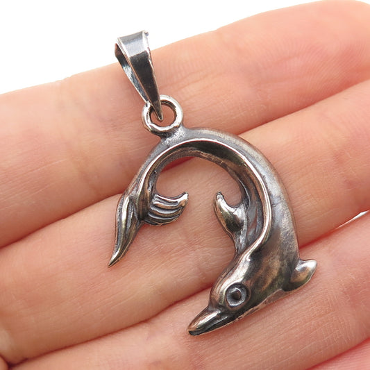 925 Sterling Silver Vintage Dolphin Oxidized Charm Pendant