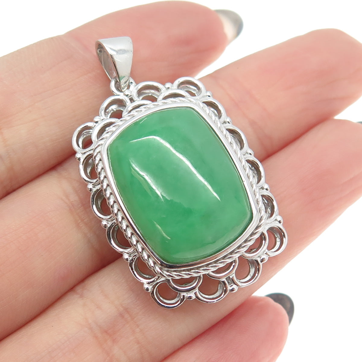 925 Sterling Silver Real Jade Gemstone Ornate Frame Pendant