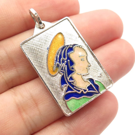 925 Sterling Silver Vintage Enamel Textured Virgin Mary Rectangle Pendant
