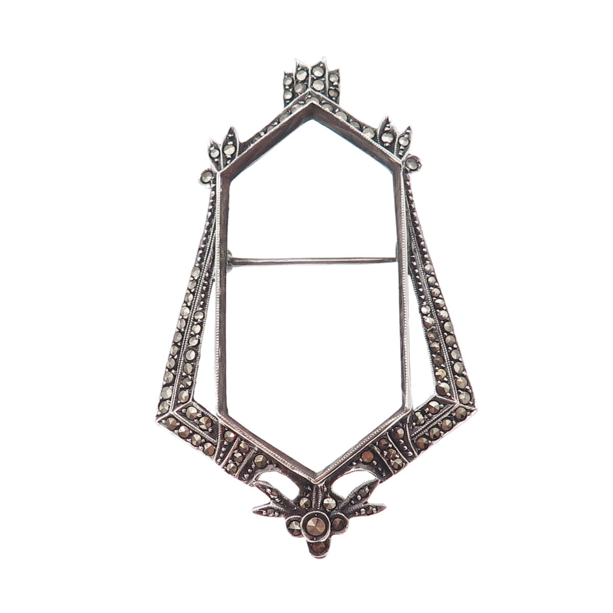 925 Sterling Antique Art Deco Germany Real Marcasite Frame Oxidized Pin Brooch
