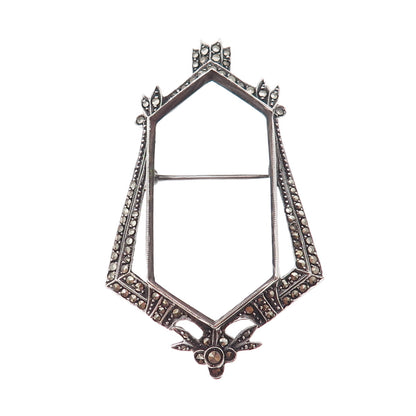925 Sterling Antique Art Deco Germany Real Marcasite Frame Oxidized Pin Brooch