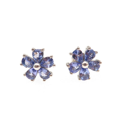 D'Joy 925 Sterling Silver Real Pear-Cut Tanzanite Floral Stud Earrings