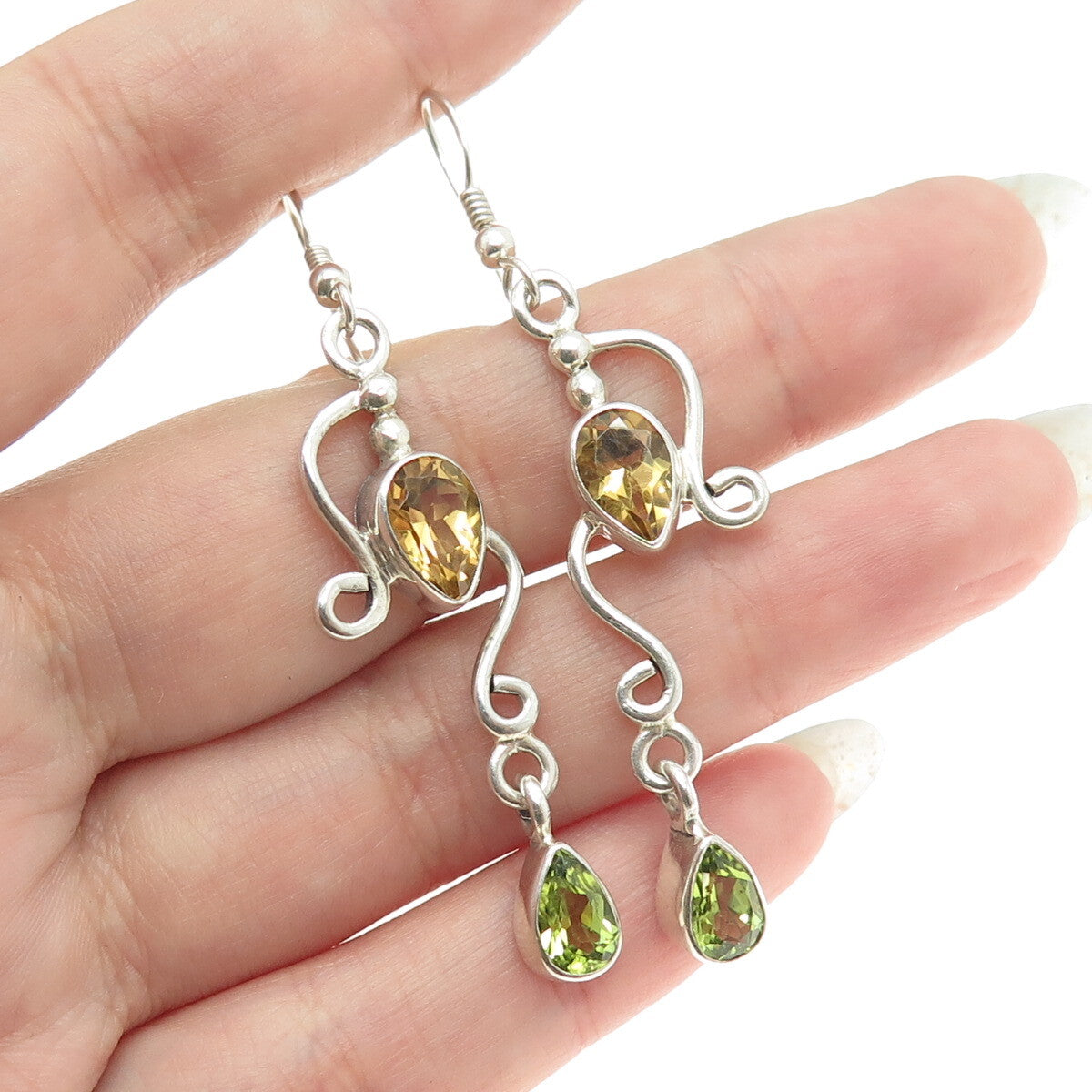 SAJEN 925 Sterling Silver Vintage Citrine & Peridot Gem Ornate Dangle Earrings