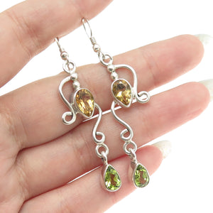 SAJEN 925 Sterling Silver Vintage Citrine & Peridot Gem Ornate Dangle Earrings