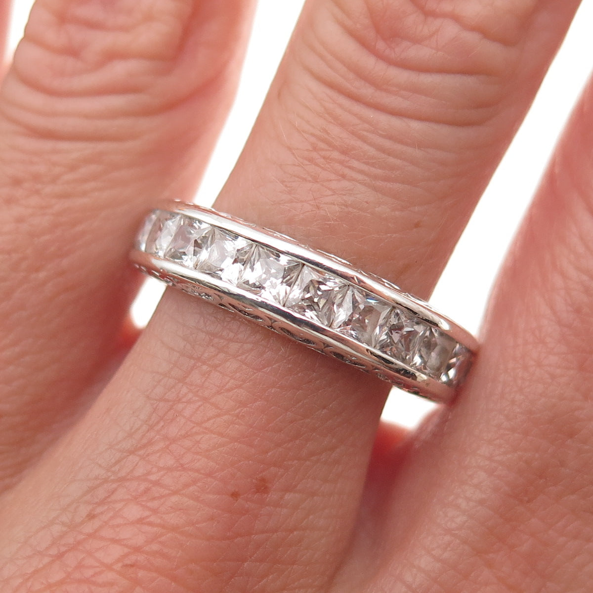 Key Star 925 Sterling Silver Princess-Cut C Z Eternity Band Ring Size 9