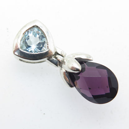 925 Sterling Silver Real Light Blue Topaz & Amethyst Gemstone Slide Pendant