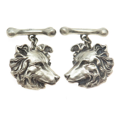 925 Sterling Silver Vintage Real Round-Cut Diamond Sheltie Dog Cufflinks