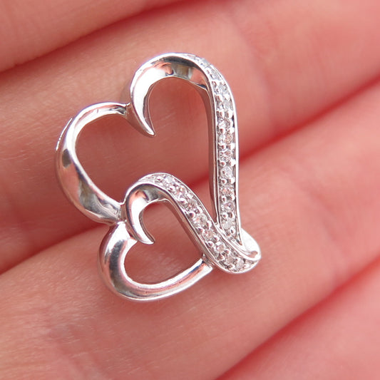925 Sterling Silver Real Round-Cut Diamond Double Heart Mini Slide Charm Pendant