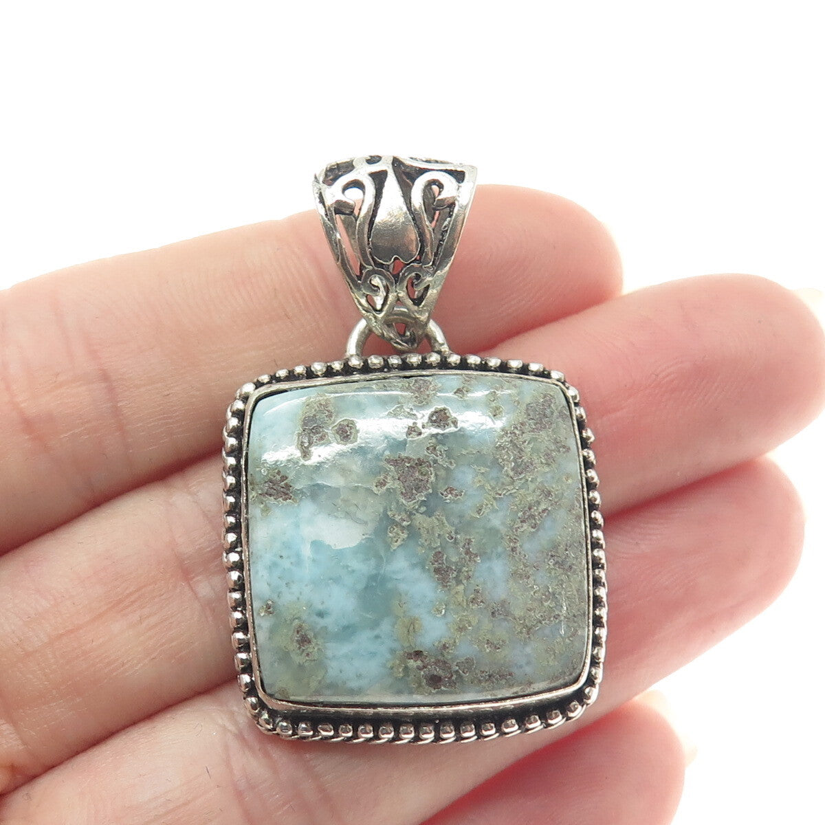 925 Sterling Silver Vintage Real Larimar Granulated Pendant