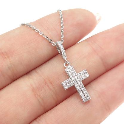 925 Sterling Silver Italy Round-Cut C Z Sparkle Cross Cable Chain Necklace 16"