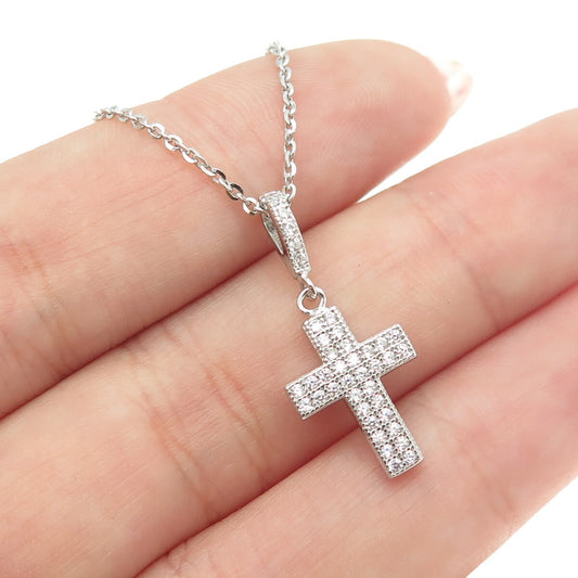 925 Sterling Silver Italy Round-Cut C Z Sparkle Cross Cable Chain Necklace 16"
