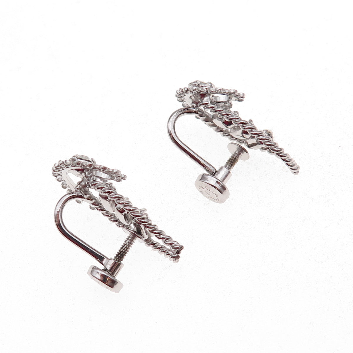 Tru-Kay Sterling Silver Antique Art Deco Rhinestone Floral Screw Back Earrings
