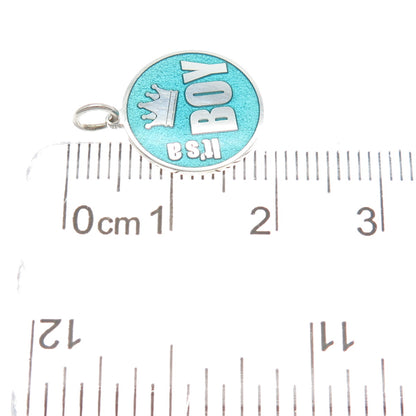 925 Sterling Silver Turquoise Enamel It's A Boy Crown Minimalist Charm Pendant