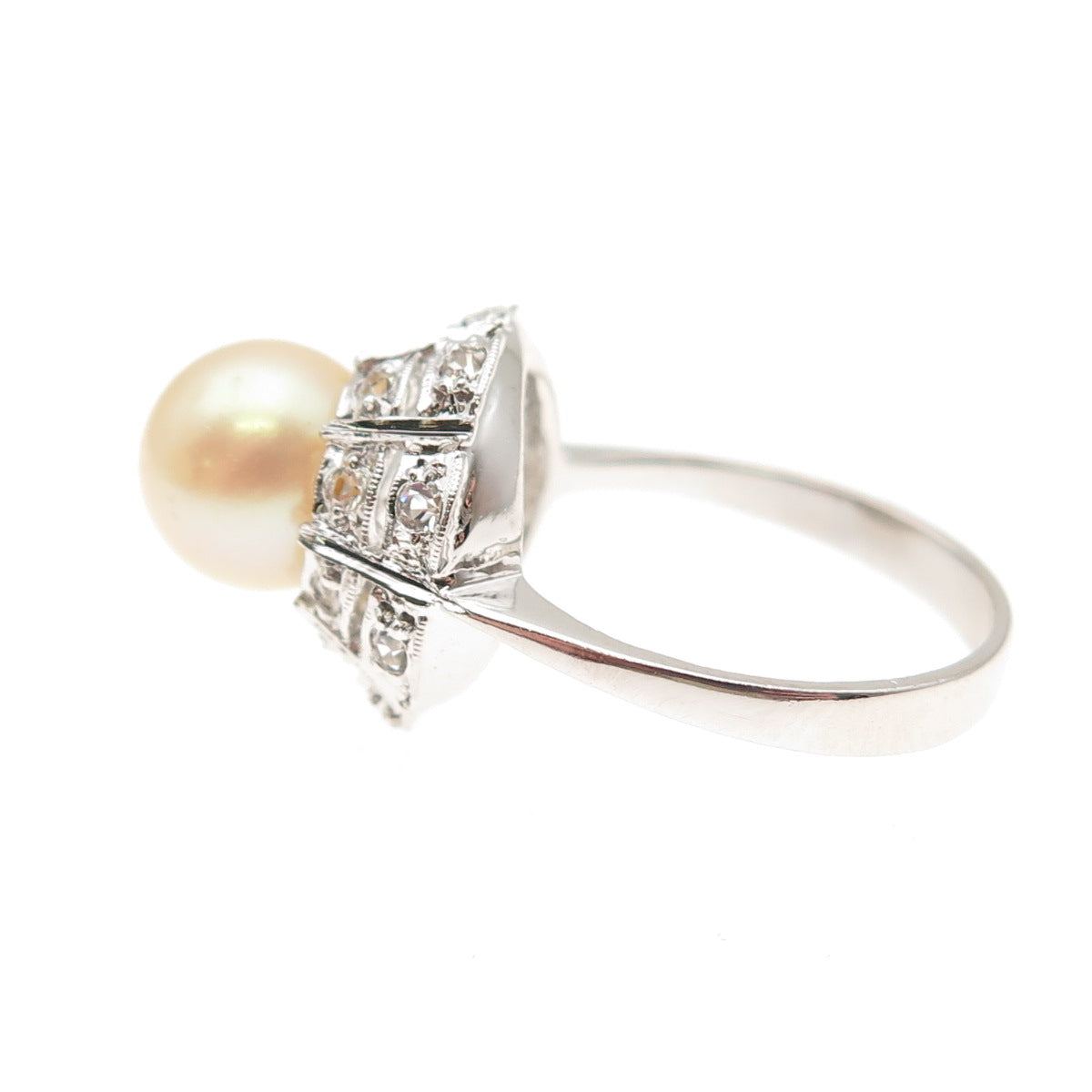 925 Sterling Silver Faux Pearl & Rhinestone Ring Size 5.75