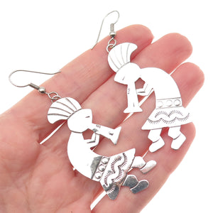 Old Pawn Sterling Silver Vintage Southwestern Kokopelli Tribal Dangle Earrings