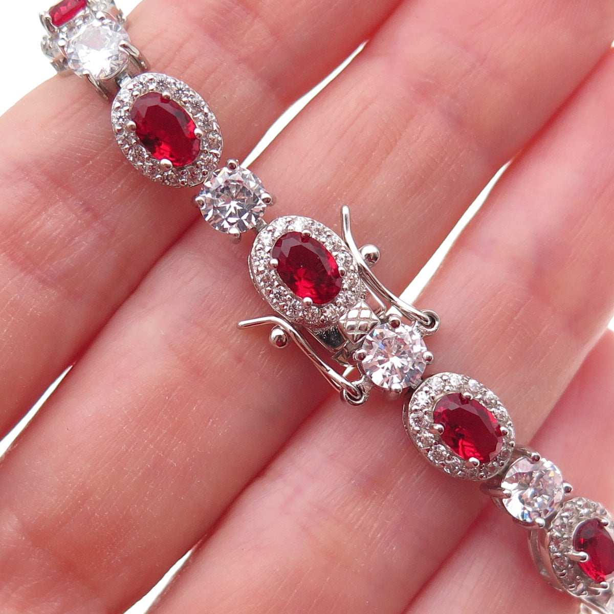 925 Sterling Silver Oval-Cut Red & Round-Cut White C Z Bracelet 7.25"