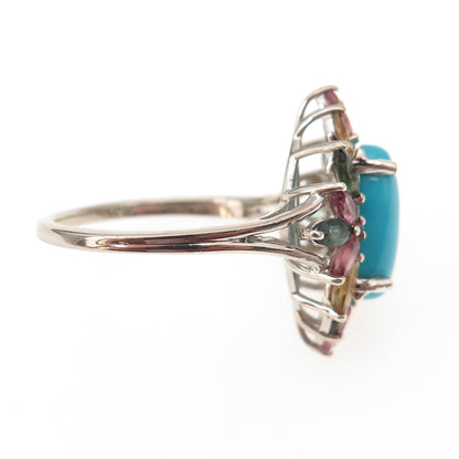 D'Joy 925 Sterling Silver Real Turquoise & Multi-Color Tourmaline Ring Size 8