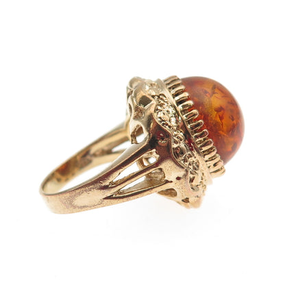 M.R.F. RESOURCES 925 Sterling Silver Gold Plated Vintage Real Amber Ring Size 5