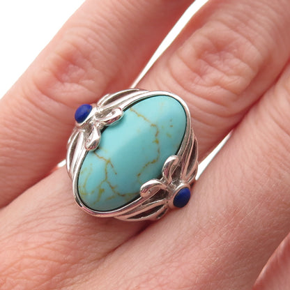 925 Sterling Silver Vintage Real Turquoise & Lapis Butterfly Ring Size 6