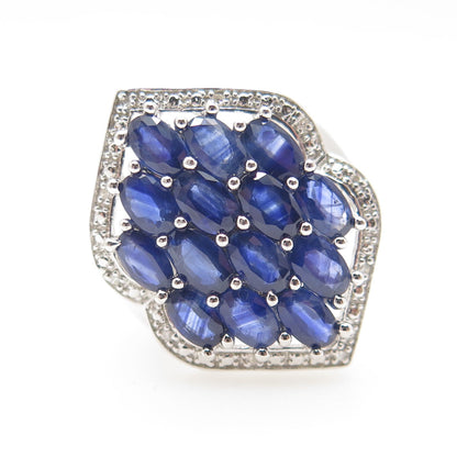 925 Sterling Silver Real White Diamond & Blue Sapphire Cluster Ring Size 6.25