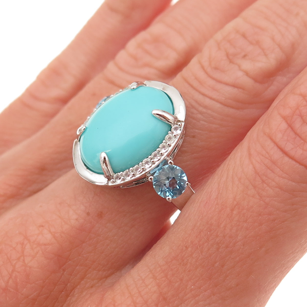 925 Sterling Silver Real Turquoise Blue & White Topaz Ring Size 8