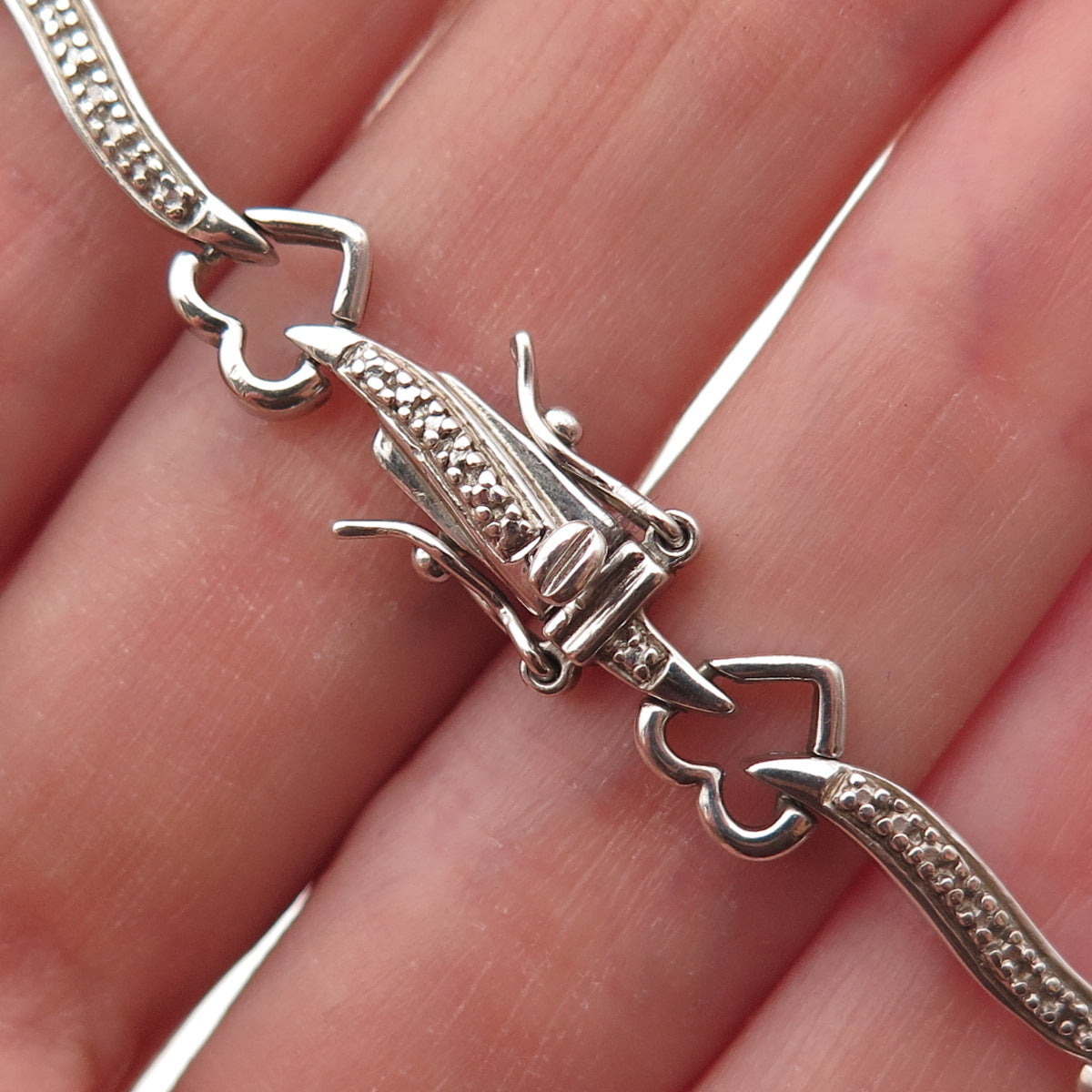 925 Sterling Silver Real Round-Cut Diamond Heart & Bar Link Bracelet 7.25"