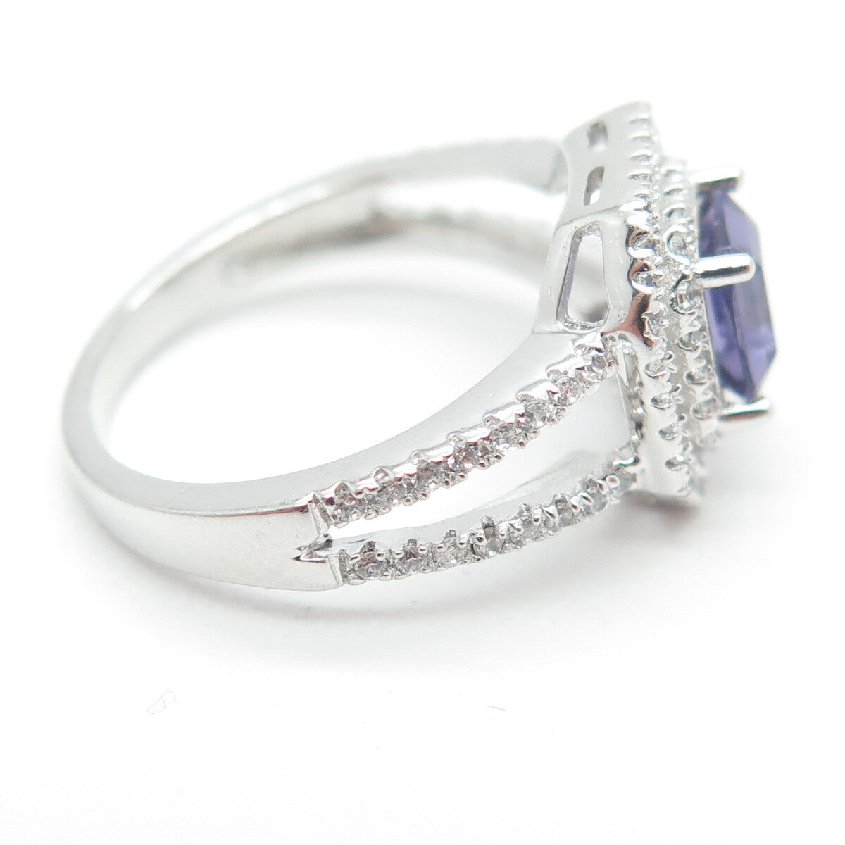 925 Sterling Silver Real Amethyst Gemstone & C Z Ring Size 7