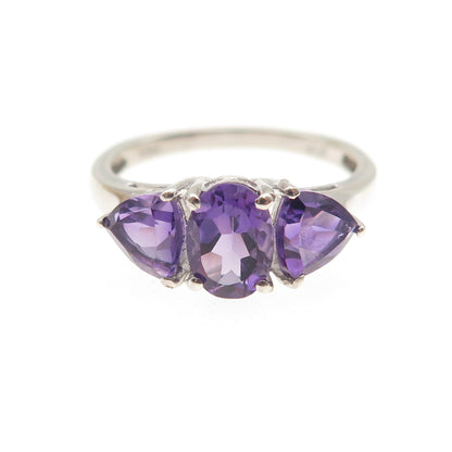 CHUCK CLEMENCY 925 Sterling Silver Real Oval & Triangle-Cut Amethyst Ring Size 6