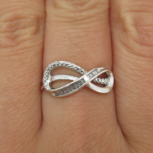 925 Sterling Silver Real Baguette-Cut Diamond Infinity Ring Size 7