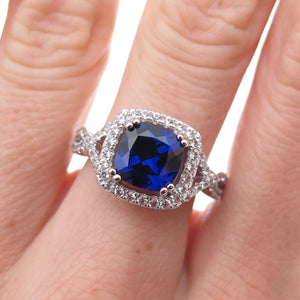 925 Sterling Silver Real White Topaz & Lab-Created Sapphire Ring Size 8.25