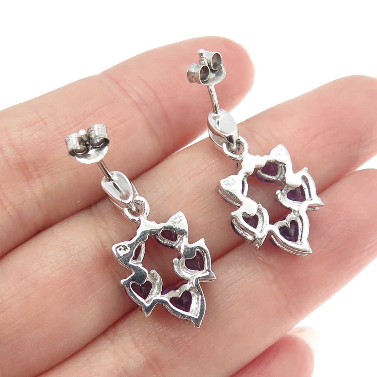 925 Sterling Silver Real White Topaz & Amethyst Gemstone Dangling Earrings