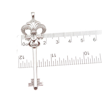 925 Sterling Silver Real Round-Cut Diamond Fleur de Lis Key Pendant