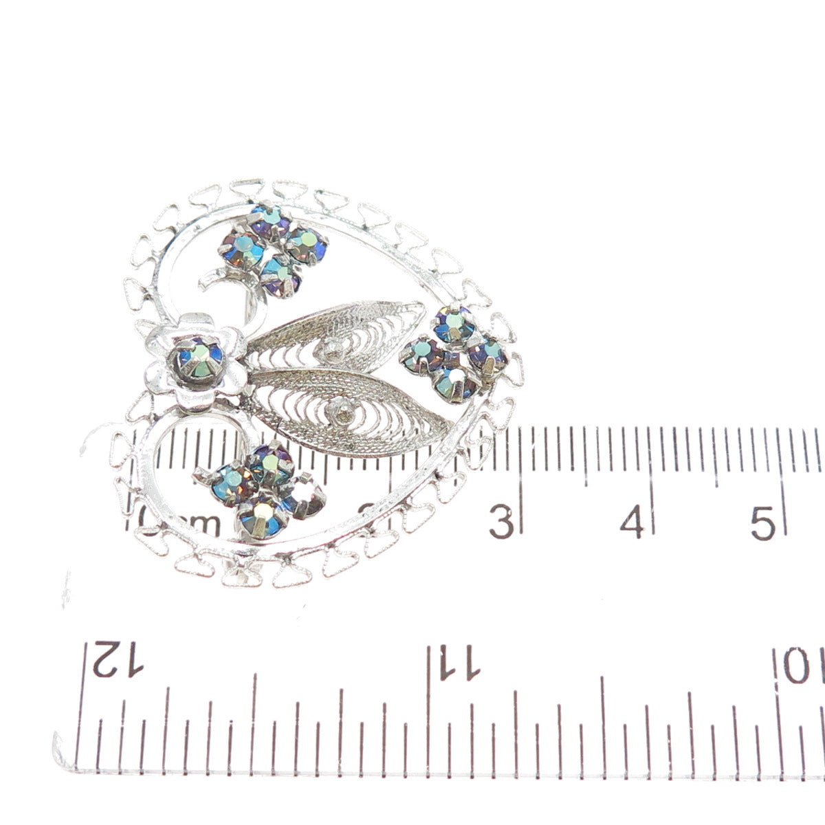 CURTIS CREATIONS Sterling Vintage Rhinestone Flower & Heart Filigree Pin Brooch