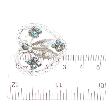 CURTIS CREATIONS Sterling Vintage Rhinestone Flower & Heart Filigree Pin Brooch
