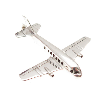 925 Sterling Silver Vintage Airplane Oxidized 3D Charm Pendant